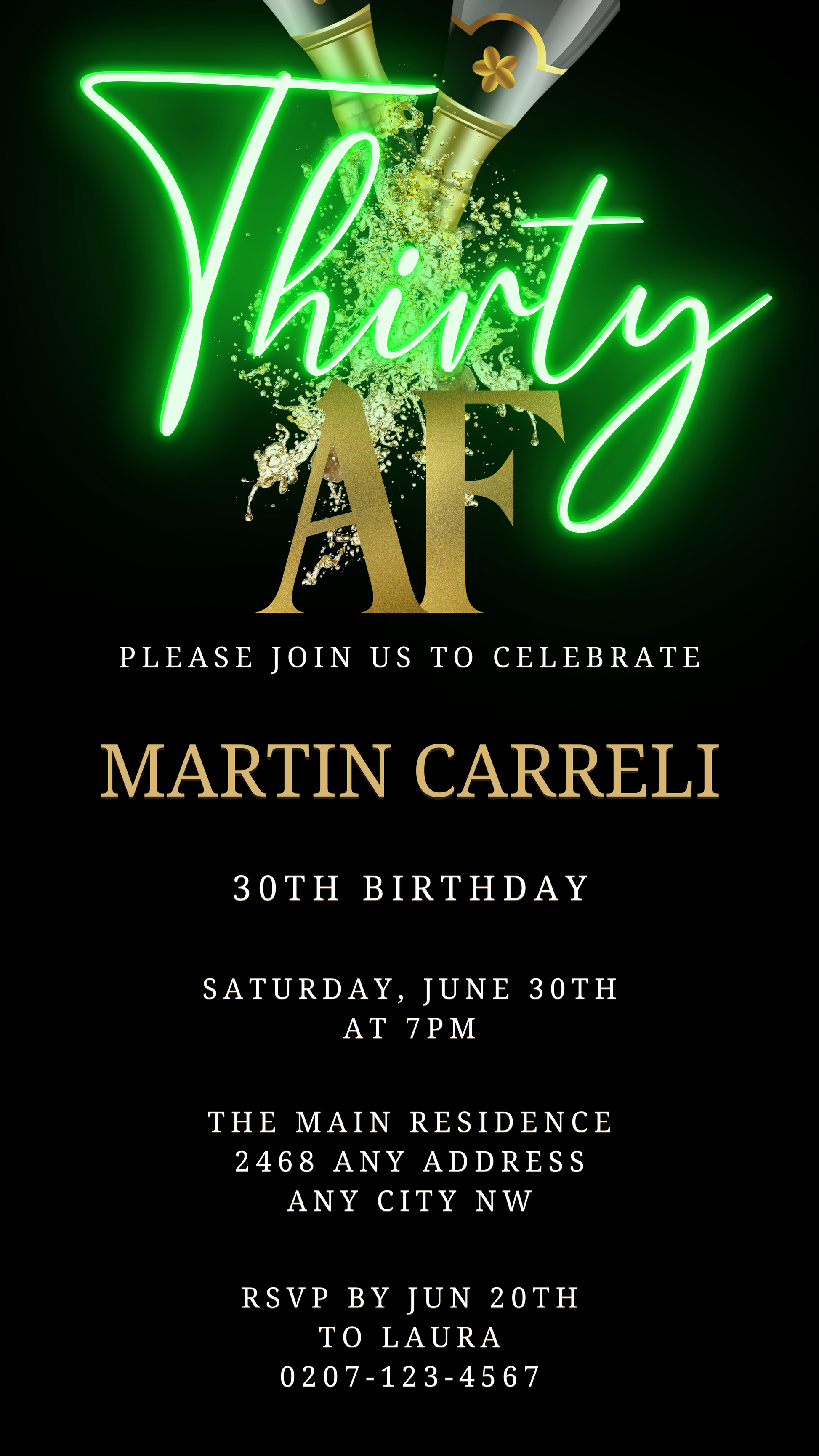 Black Gold Champagne Neon Green | Thirty AF Party Evite with customizable text and neon green accents, ideal for digital event invitations.