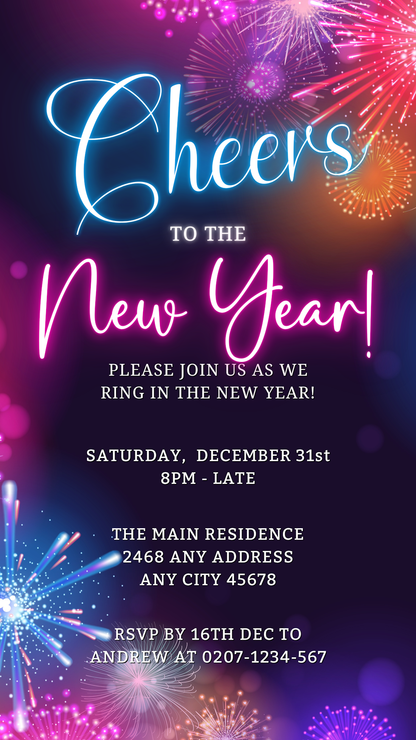 New Year's 2024 Party Evite featuring neon fireworks and editable text, customizable via Canva for electronic sharing.