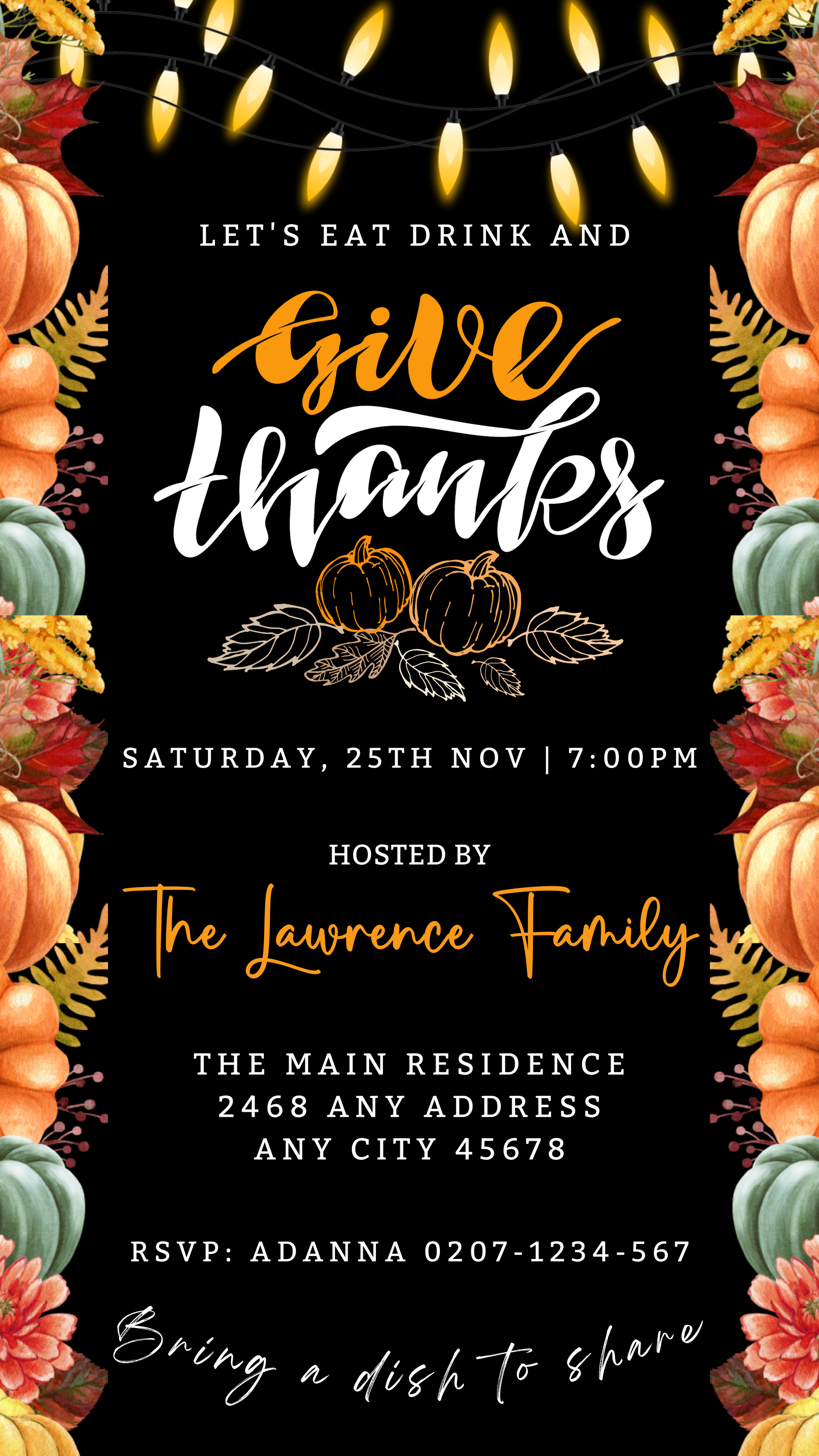 Colourful Lit Leaves Pumpkins Black | Thanksgiving Evite featuring pumpkins and leaves design on a black background, customizable via Canva for digital sharing.