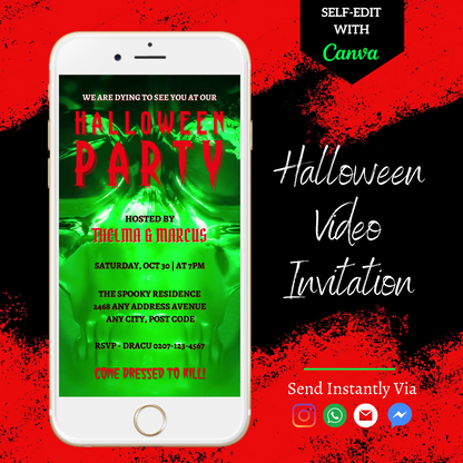 Neon Green Skull Halloween Party Video Invite displayed on a white smartphone screen, customizable via Canva for digital sharing.