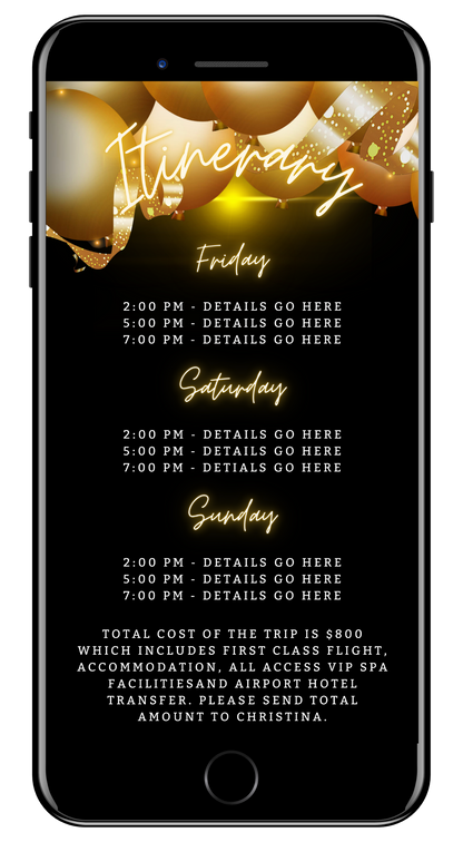 Phone screen displaying a customizable Black Neon Gold Floating Balloons | WTForty Weekend Evite template for editing event details via Canva on smartphones.