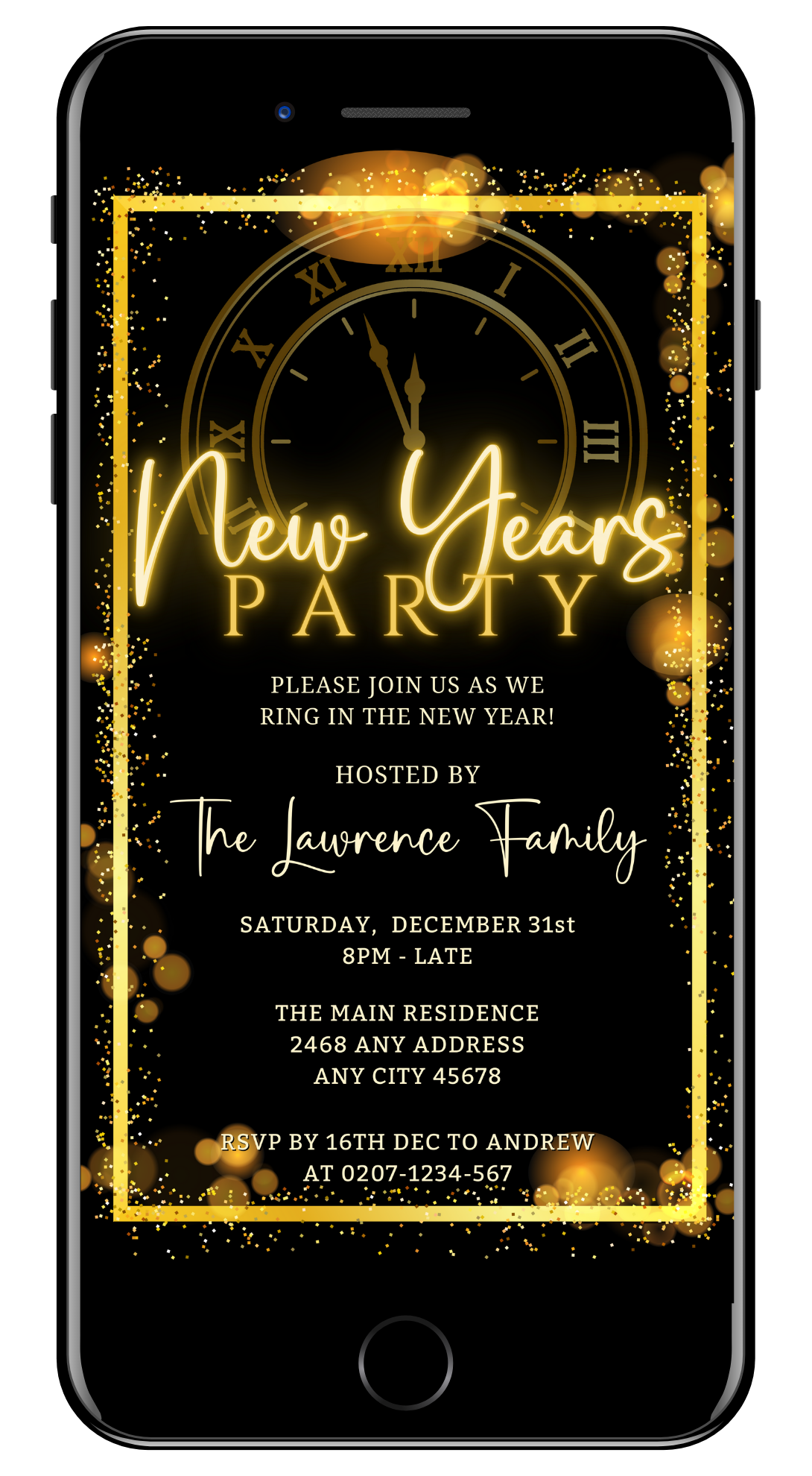 Roman Clock Golden Frame New Years Party Evite displayed on a smartphone screen, featuring editable text and gold clock design for customizable digital invitations.