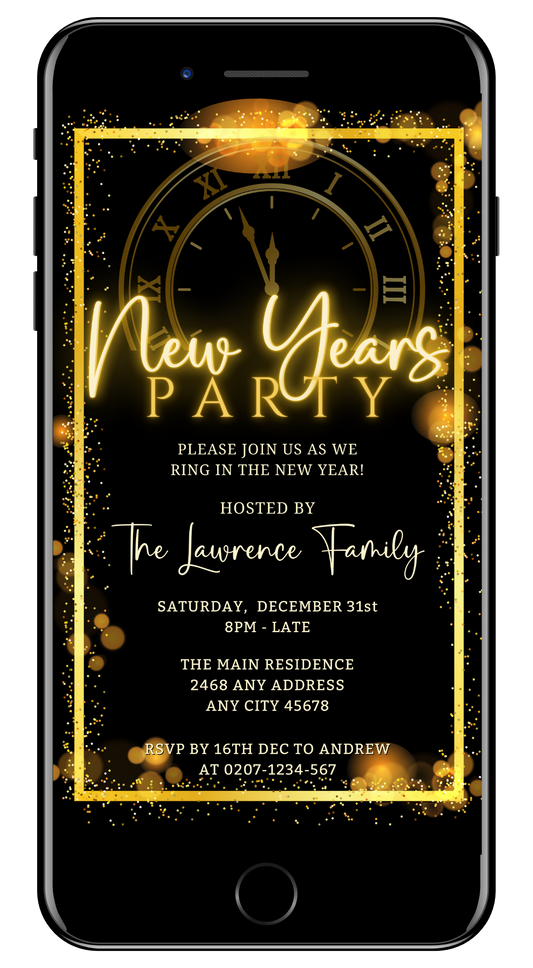 Roman Clock Golden Frame | New Years Party Evite