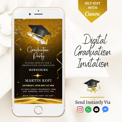 Customisable Gold Graduation Party Invitation on a phone screen, featuring a graduation cap image, editable via Canva for easy sharing through digital platforms.