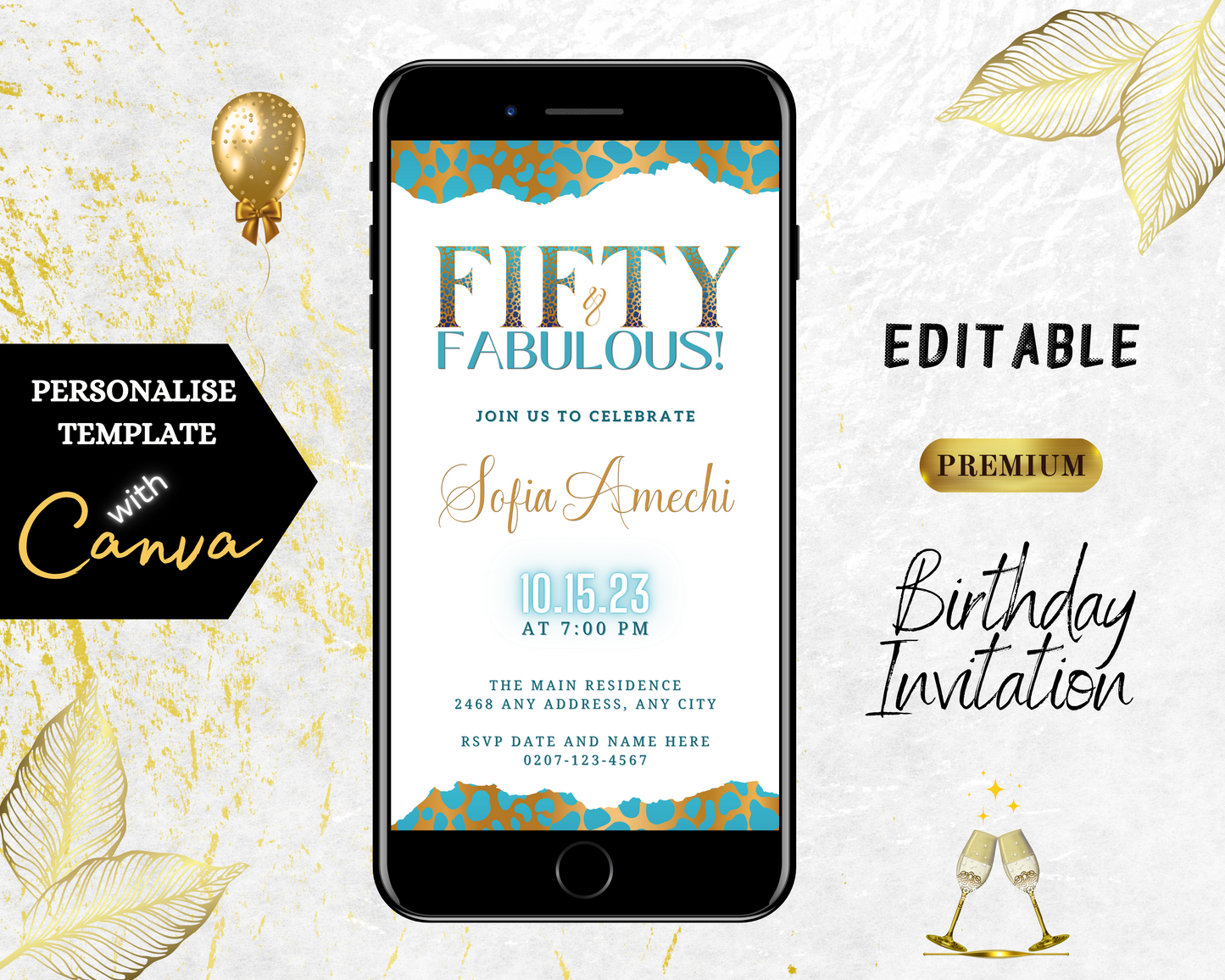Customisable Teal White Gold Cheetah 50 & Fabulous Party Evite displayed on a smartphone screen with editable text and design elements.
