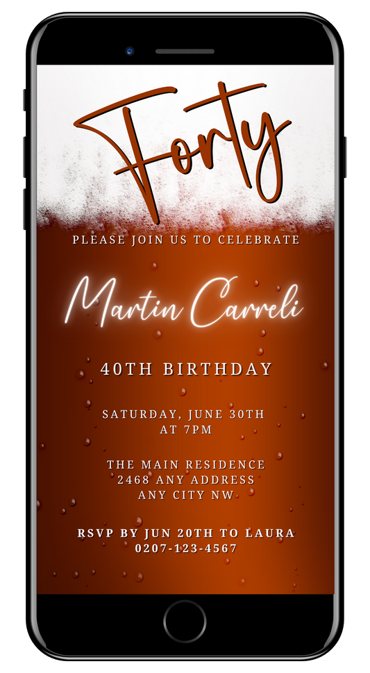 Cell phone screen displaying a customizable Brown White Beer Themed 40th Birthday Evite template for digital invitations.