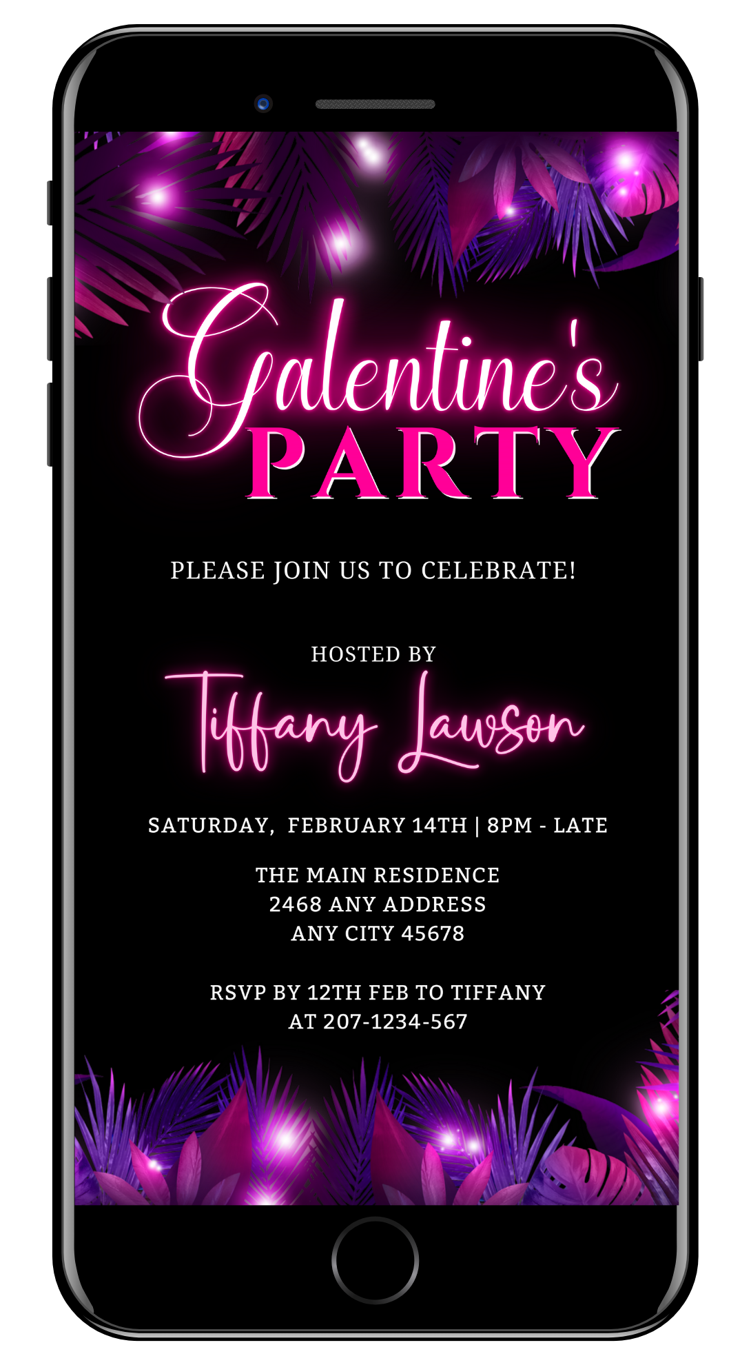 Purple Pink Neon Palm Leaves Galentines Party Evite, editable digital invitation with black background and vibrant pink text, customizable via Canva for easy sharing on smartphones.