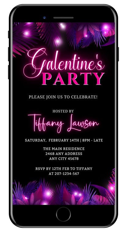 Purple Pink Neon Palm Leaves Galentines Party Evite, editable digital invitation with black background and vibrant pink text, customizable via Canva for easy sharing on smartphones.