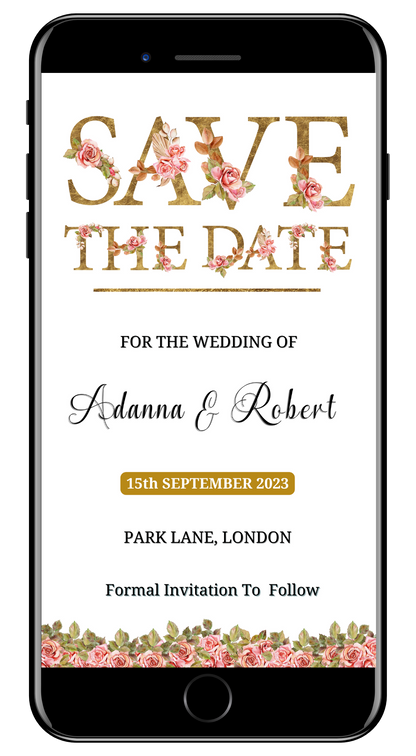 Gold Pink Floral Roses Save The Date Evite on smartphone screen, featuring editable text and decorative pink roses, designed for DIY customization via Canva.