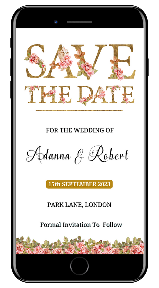 Gold Pink Floral Roses | Save The Date Evite