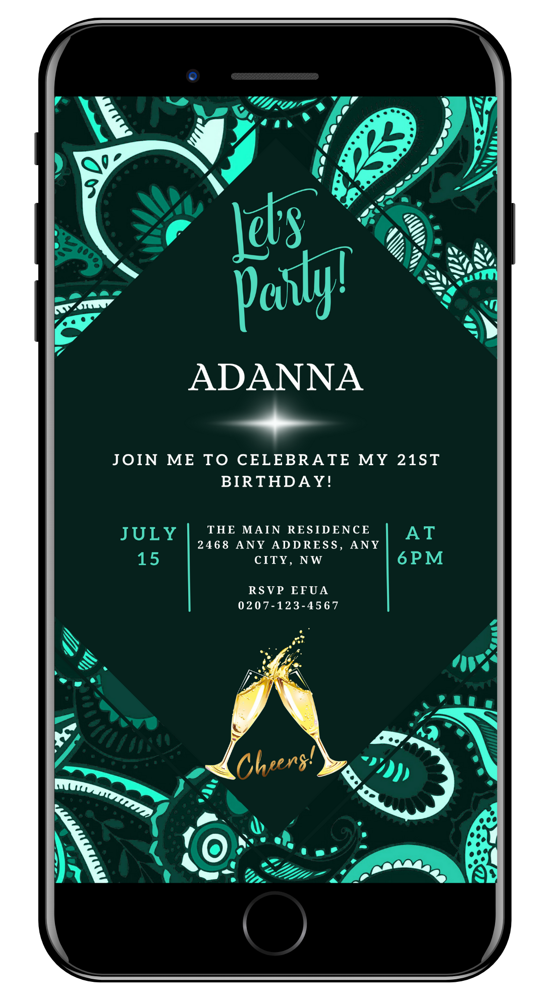 Editable Green White African Ankara Party Evite displayed on a smartphone screen, featuring text and festive icons, to be customized using Canva.