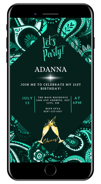 Editable Green White African Ankara Party Evite displayed on a smartphone screen, featuring text and festive icons, to be customized using Canva.