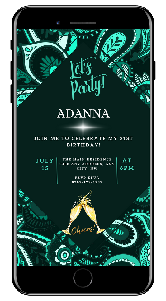 Editable Green White African Ankara Party Evite displayed on a smartphone screen, featuring text and festive icons, to be customized using Canva.