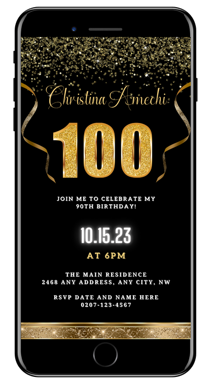 Black Gold Confetti 100th Birthday Evite customizable digital invitation with gold glittery accents and text, designed for smartphones, editable via Canva.