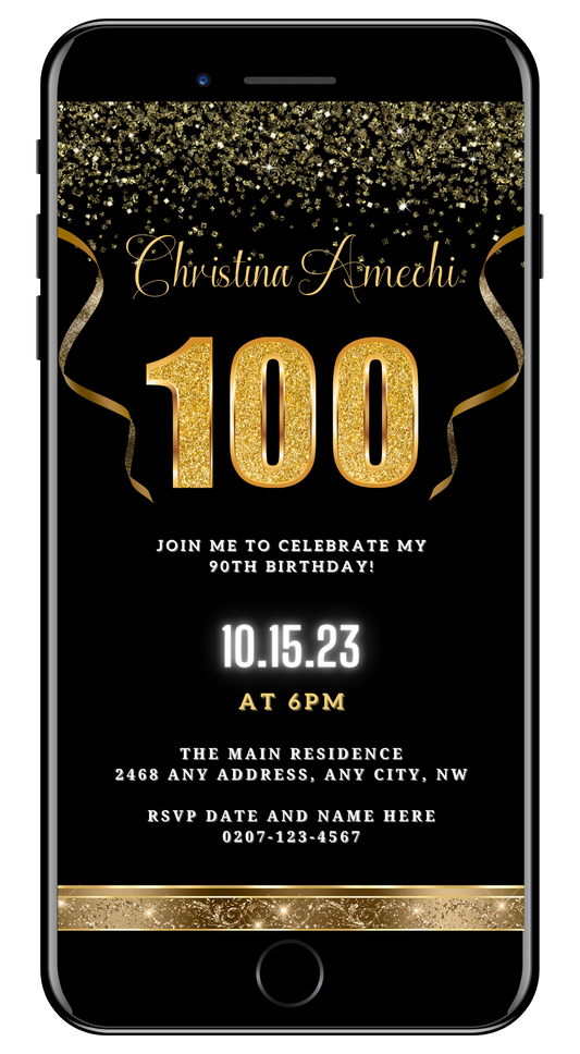 Black Gold Confetti 100th Birthday Evite customizable digital invitation with gold glittery accents and text, designed for smartphones, editable via Canva.