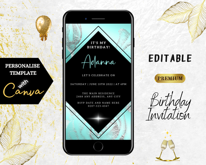 Editable Teal Black Silver Floral Customisable Birthday Evite displayed on a smartphone screen, showcasing the DIY invitation template.