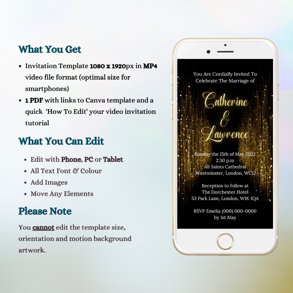 Customizable Gold Glitter Curtain Wedding Video Invitation displayed on a white smartphone screen, showcasing editable text elements for personalizing event details.