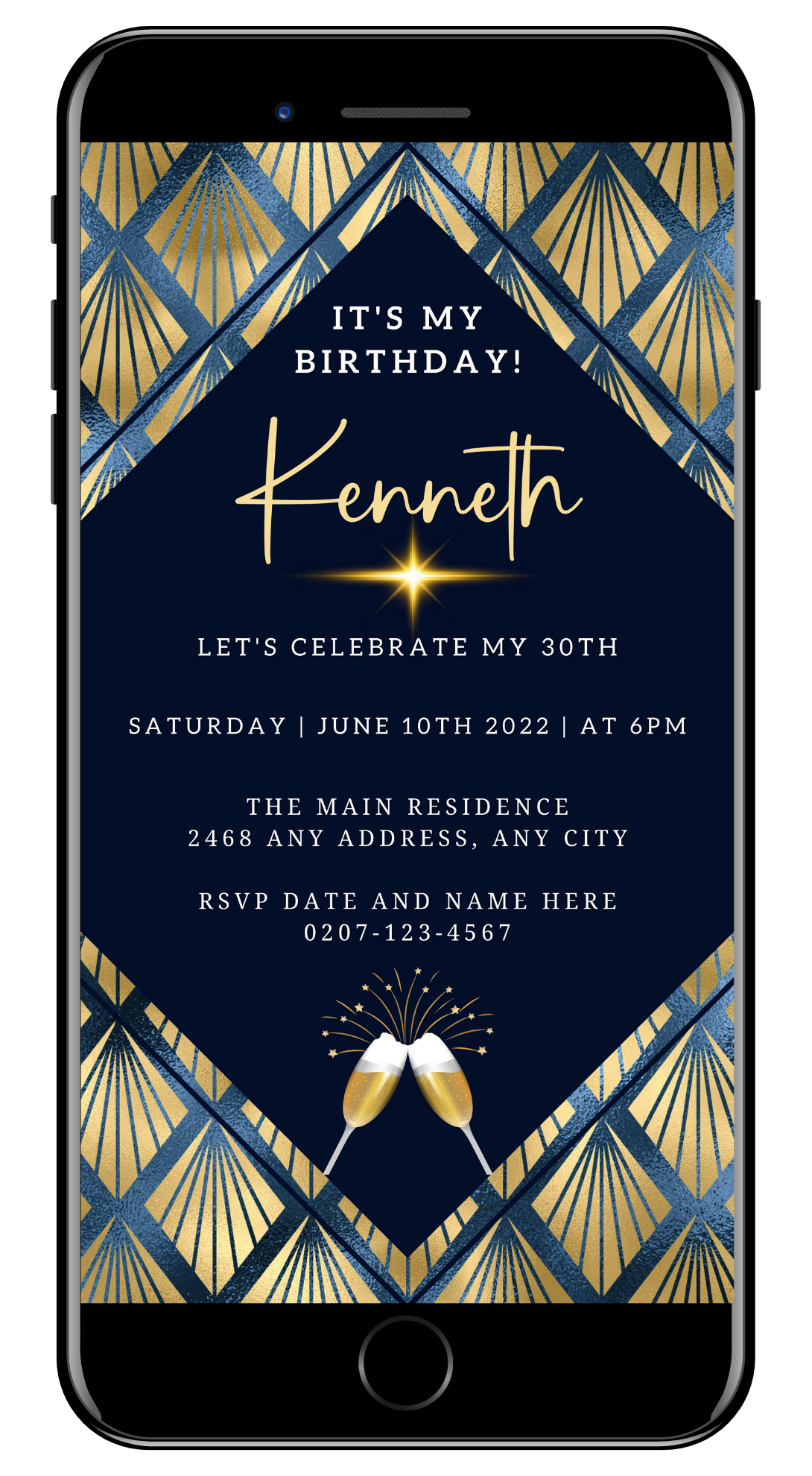 Editable Gold Blue Diamond Art Birthday Party Evite displayed on a smartphone screen with champagne glasses and star accents. Customizable via Canva for digital sharing.