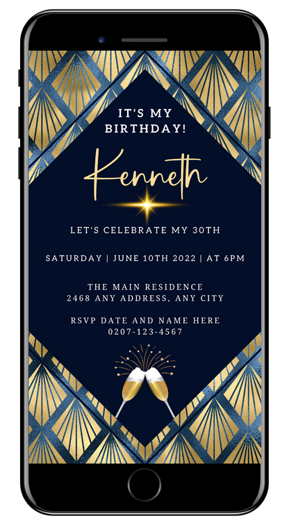 Editable Gold Blue Diamond Art Birthday Party Evite displayed on a smartphone screen with champagne glasses and star accents. Customizable via Canva for digital sharing.