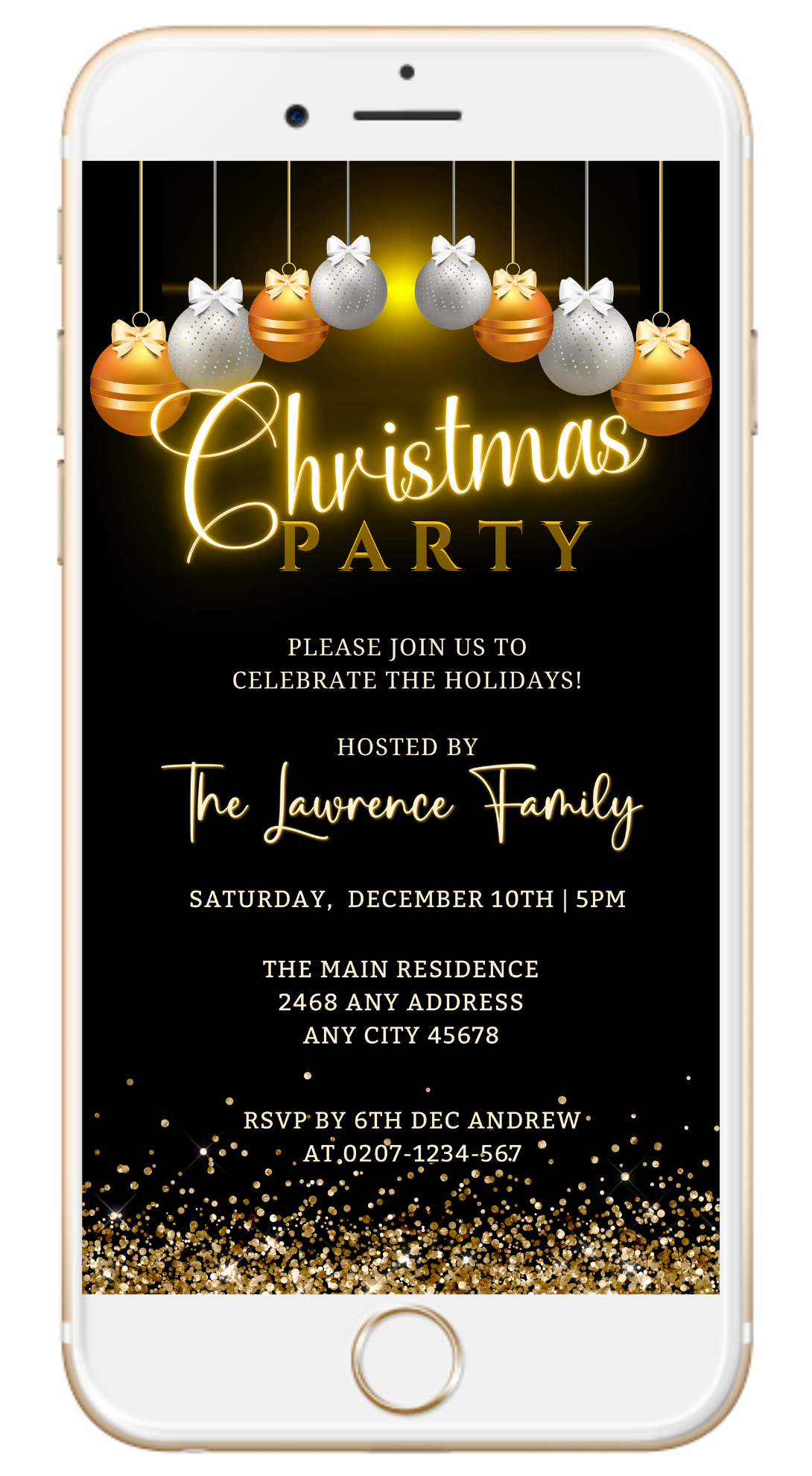 Editable Digital Gold Silver Glitter Christmas Party Evite displayed on a smartphone screen, showcasing customizable text and design for instant download and personalization.