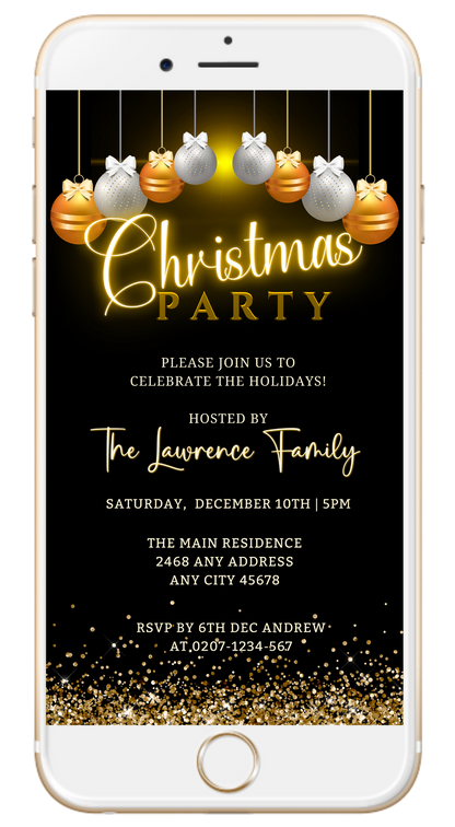 Editable Digital Gold Silver Glitter Christmas Party Evite displayed on a smartphone screen, showcasing customizable text and design for instant download and personalization.