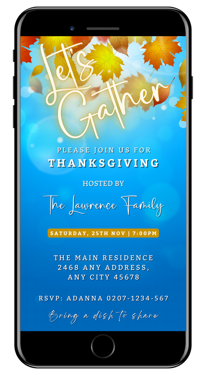 Blue Golden Leaves Bokeh Thanksgiving Evite template shown on a smartphone screen with editable text and instructions for customization via Canva.