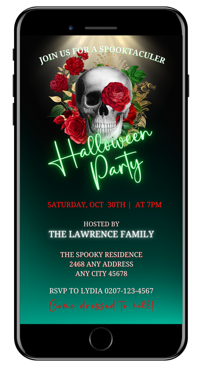 Red Rose Illuminated Skull on a cell phone screen, showcasing a customizable Halloween Evite template for personalizing digital invitations via Canva.