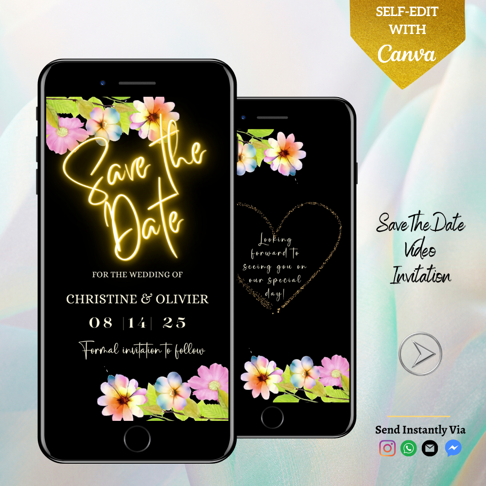Floral Black Greenery | Save The Date Video Invitation showing customizable templates on smartphones with flower designs.