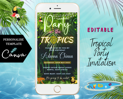 Phone displaying a customizable digital invite for a Luau BBQ Pool Party, editable via Canva for easy electronic sharing.