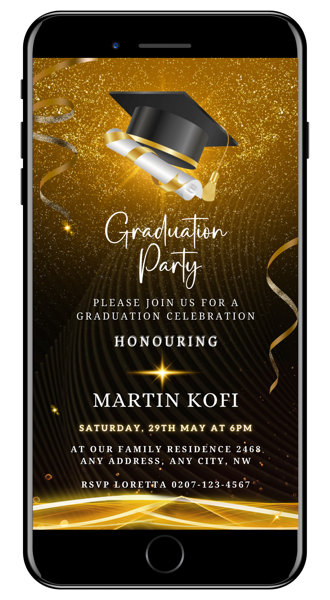 Gold Graduation Party Invitation - Customisable Template showing a graduation cap and diploma, perfect for personalizing with Canva for a memorable celebration.