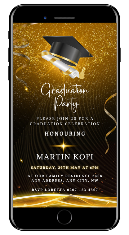 Gold Graduation Party Invitation - Customisable Template showing a graduation cap and diploma, perfect for personalizing with Canva for a memorable celebration.