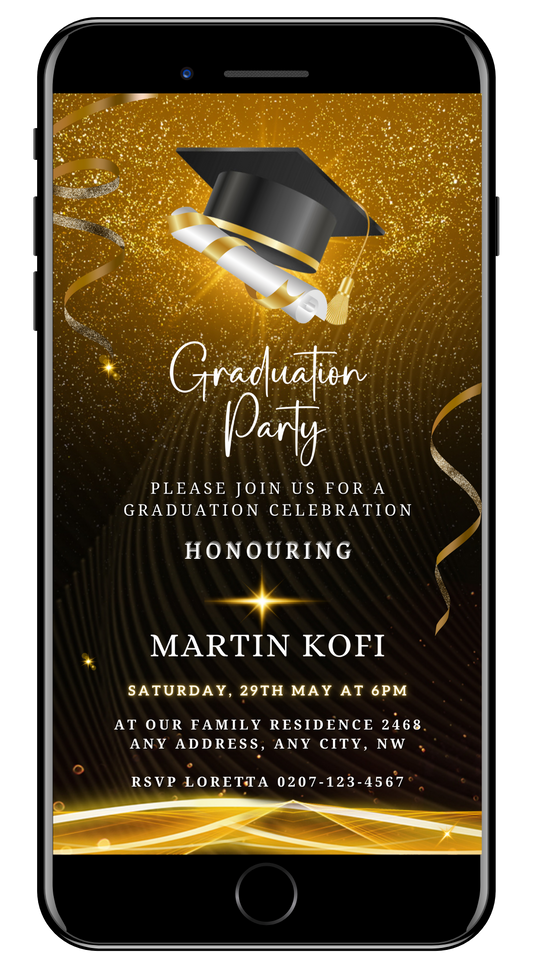 Gold Graduation Party Invitation - Customisable Template showing a graduation cap and diploma, perfect for personalizing with Canva for a memorable celebration.