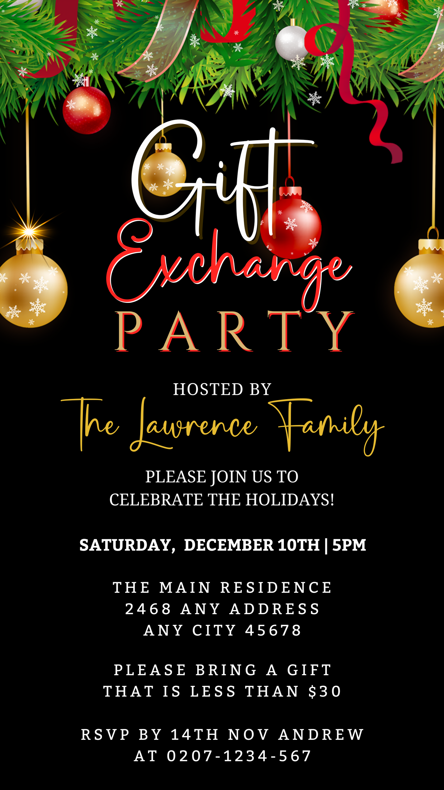 Green Red Gold Ornaments Gift Exchange | Christmas Party Evite featuring black and gold design with festive ornaments, customizable via Canva for easy sharing.