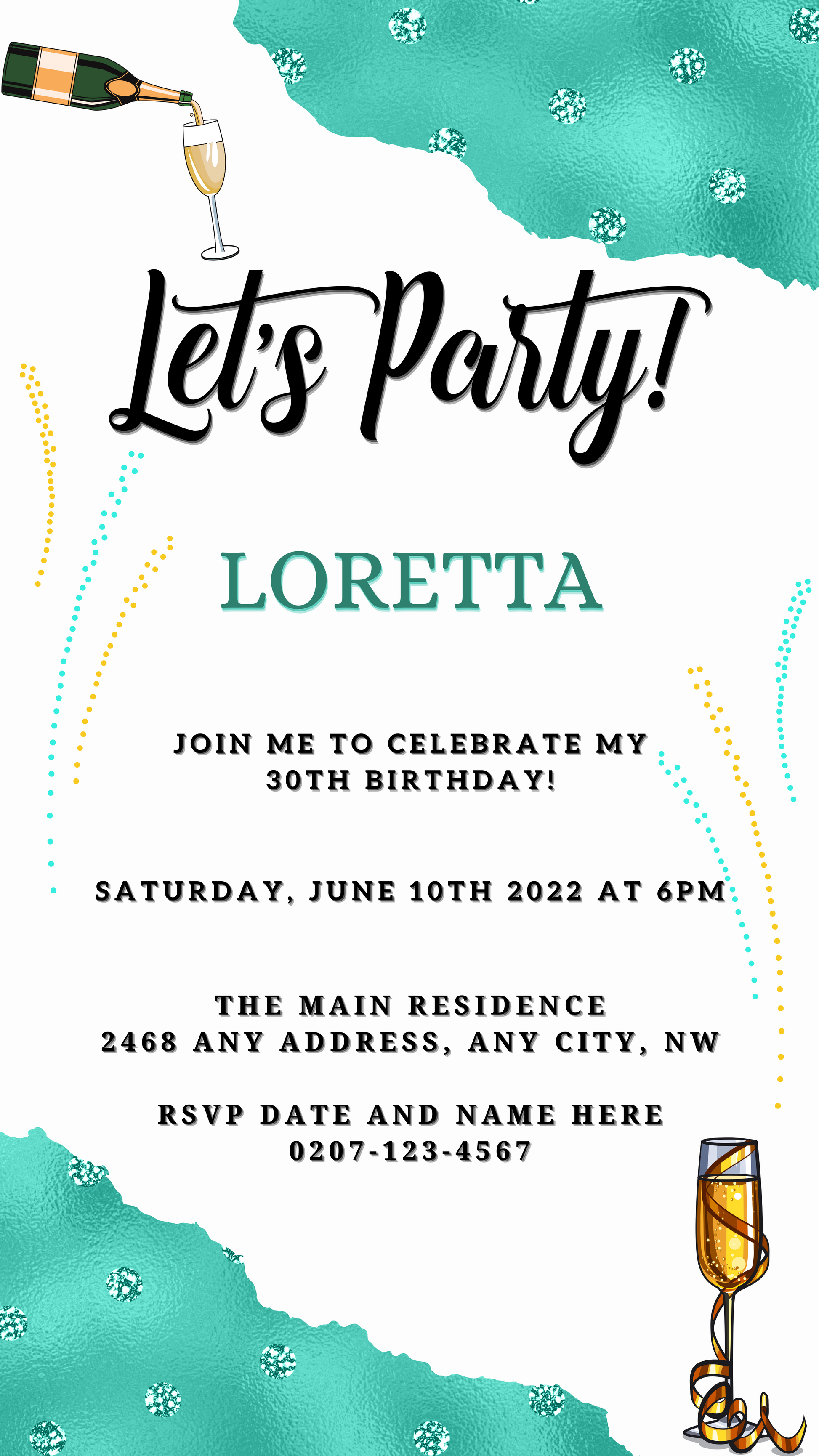 White Teal Diamond Sparkle customisable digital party invite with black text and colorful dots, champagne glass, and editable features for easy personalization via Canva.