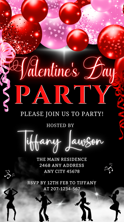 Neon Red Pink Smoking Dancers | Valentines Party Evite featuring red and black design with dancers' silhouettes, balloons, and editable text for custom invitations.