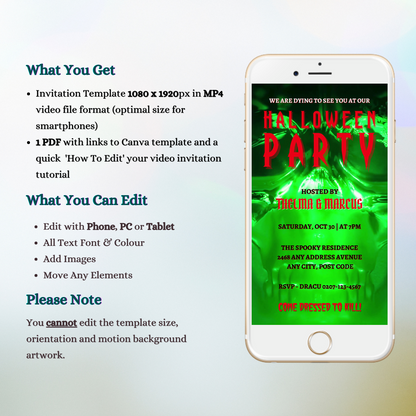White cell phone displaying Neon Green Skull | Halloween Party Video Invite with green and red text, customizable via Canva for electronic sharing.