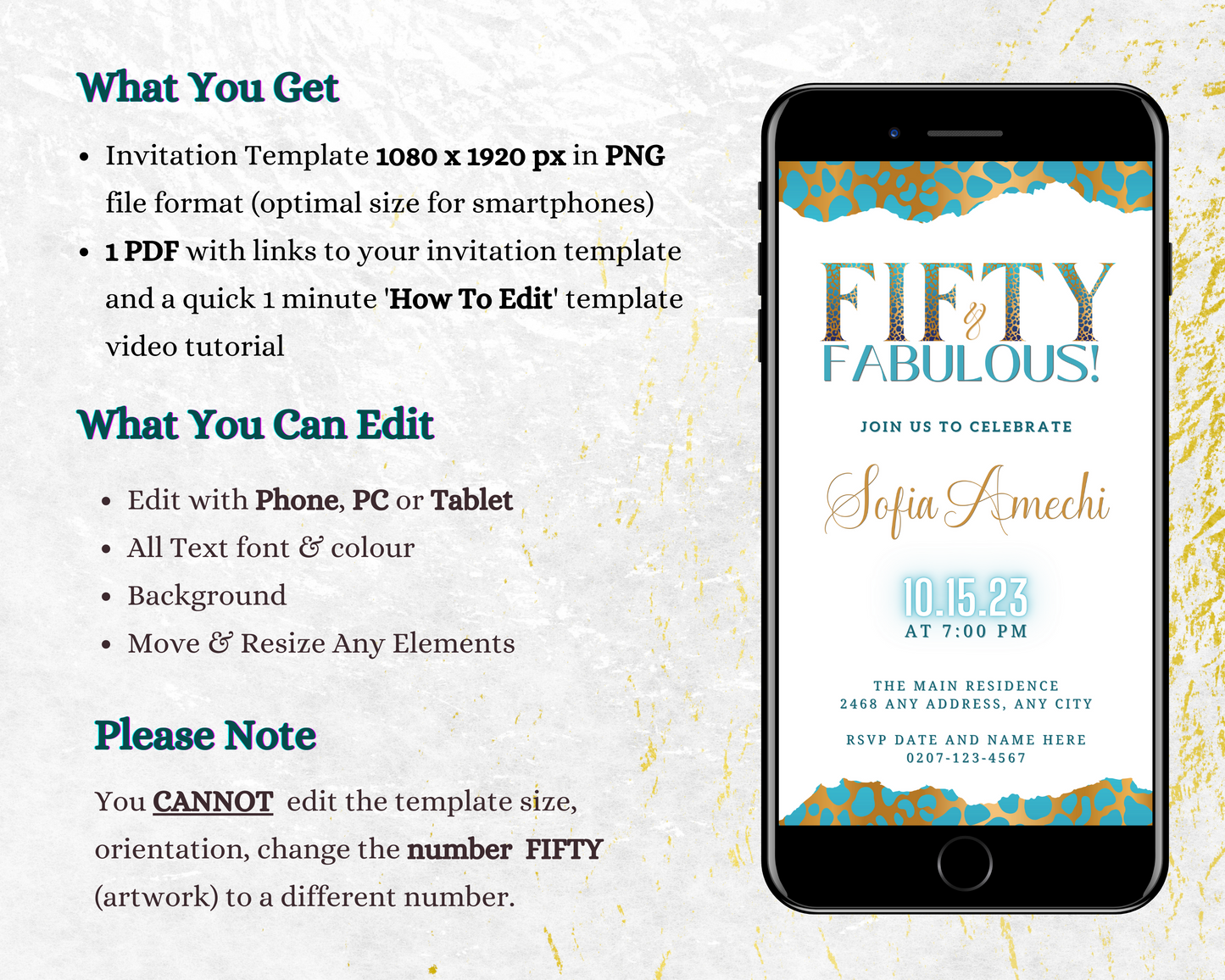 Teal White Gold Cheetah 50 & Fabulous Party Evite displayed on a smartphone screen with editable text and event details.