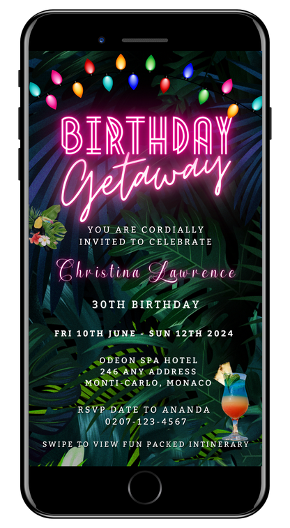 Tropical Destination Neon Pink | Birthday Getaway Evite displayed on a smartphone screen with customizable text and neon sign elements.