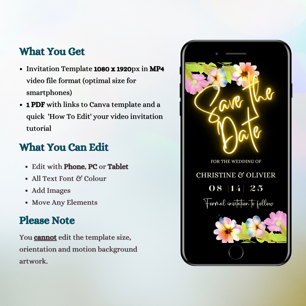 Customizable Digital Floral Black Greenery Save The Date Video Invitation displayed on a smartphone screen, featuring vibrant flowers and editable event details.