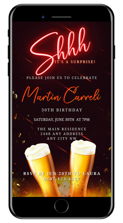Red Neon Beer Mugs Surprise | Birthday Party Evite displayed on a smartphone screen, featuring two foamy beer glasses and editable text for party details.