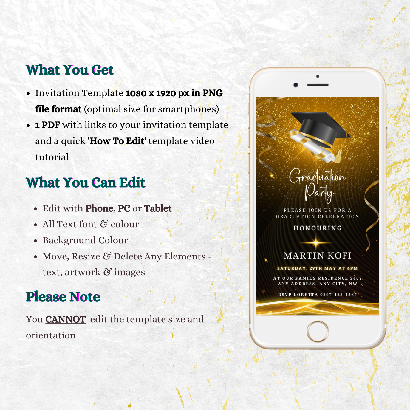 Gold Graduation Party Invitation - Customisable Template displayed on a white cell phone screen with a graduation cap and diploma icon, symbolizing a festive and modern design.