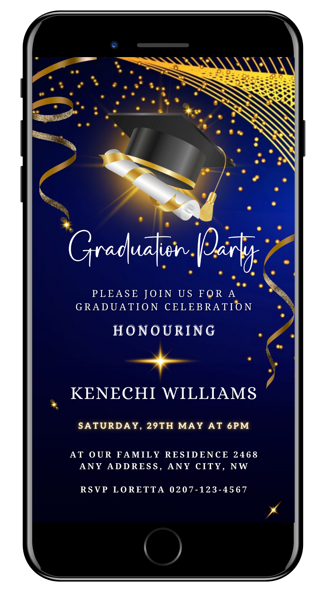 Blue & Gold Graduation Party Invitation - Customisable Template featuring a graduation cap and diploma on a phone screen, editable in Canva for personalized celebrations.