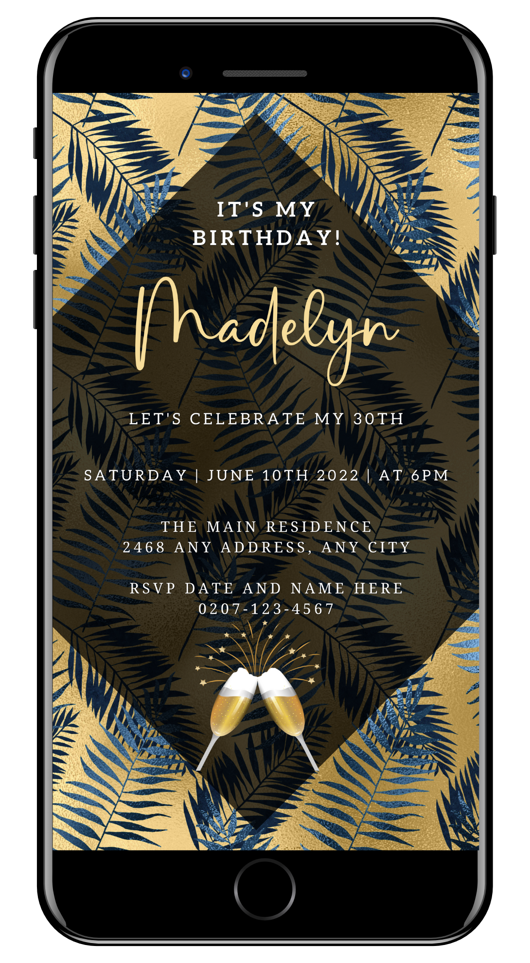 Editable Gold Blue Tropical Leaf Birthday Party Evite displayed on a smartphone screen, featuring blue and gold leaf design elements.