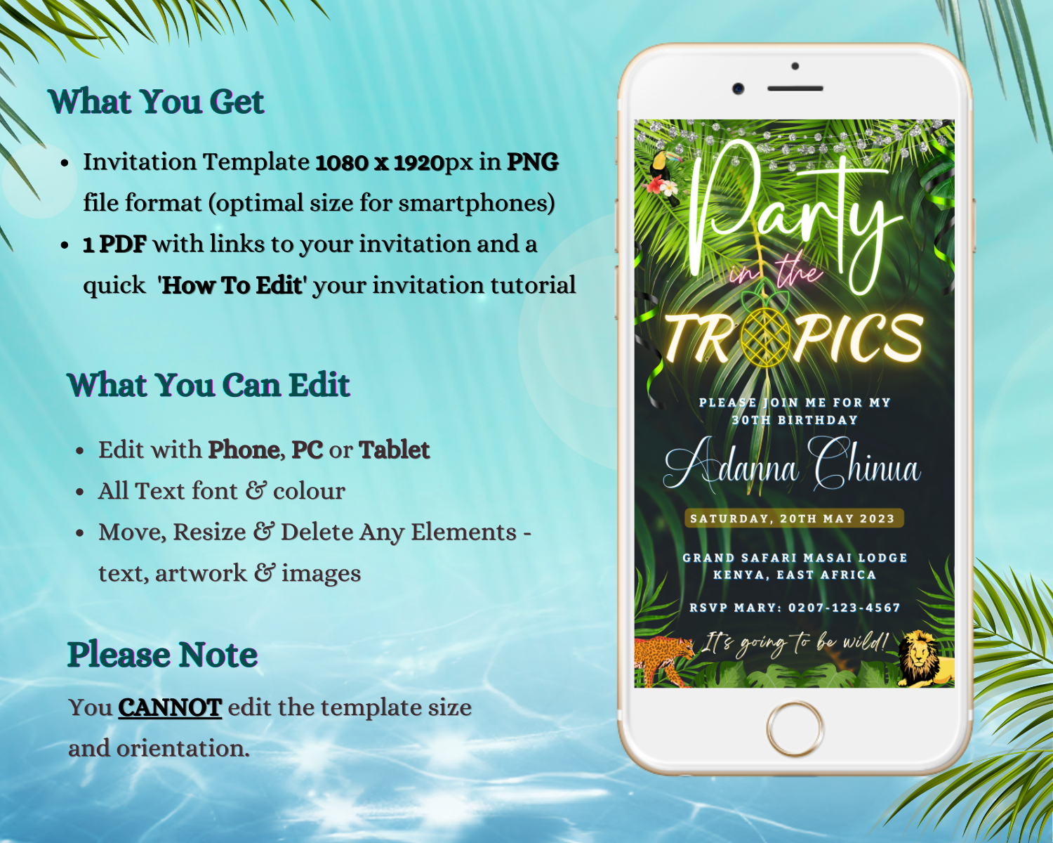 White smartphone displaying customizable Luau BBQ Pool Party digital invite with text and green leaf design, editable via Canva for electronic sharing.