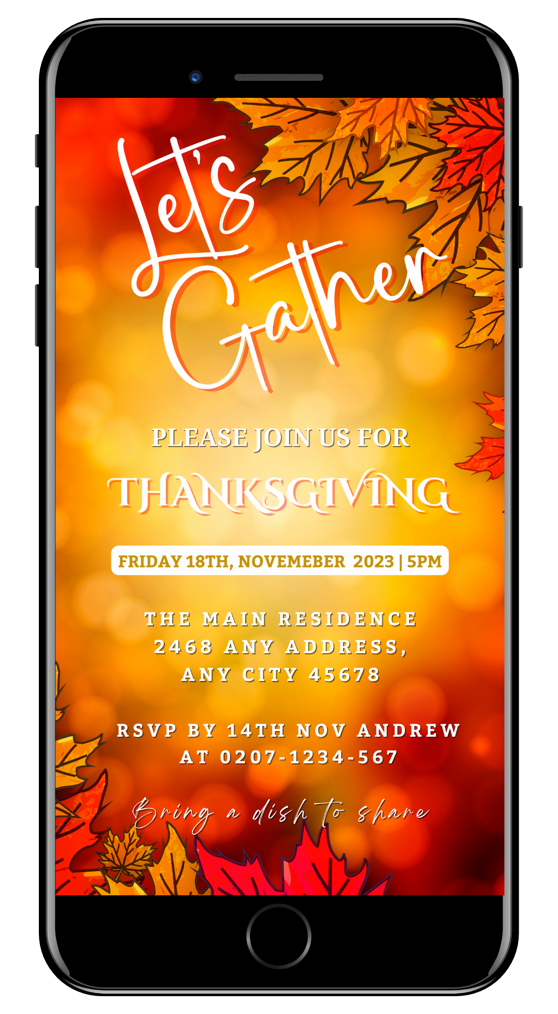 Thanksgiving Dinner Evite showing Let's Gather Orange Leaves Bokeh on a mobile phone screen, customizable via Canva for sharing digitally.
