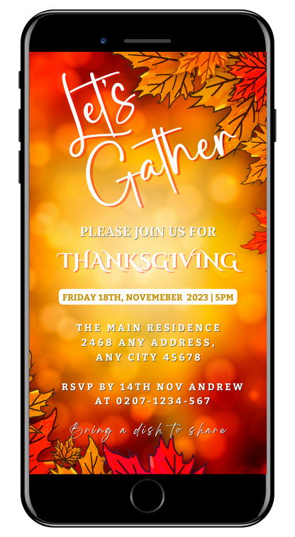 Thanksgiving Dinner Evite showing Let's Gather Orange Leaves Bokeh on a mobile phone screen, customizable via Canva for sharing digitally.