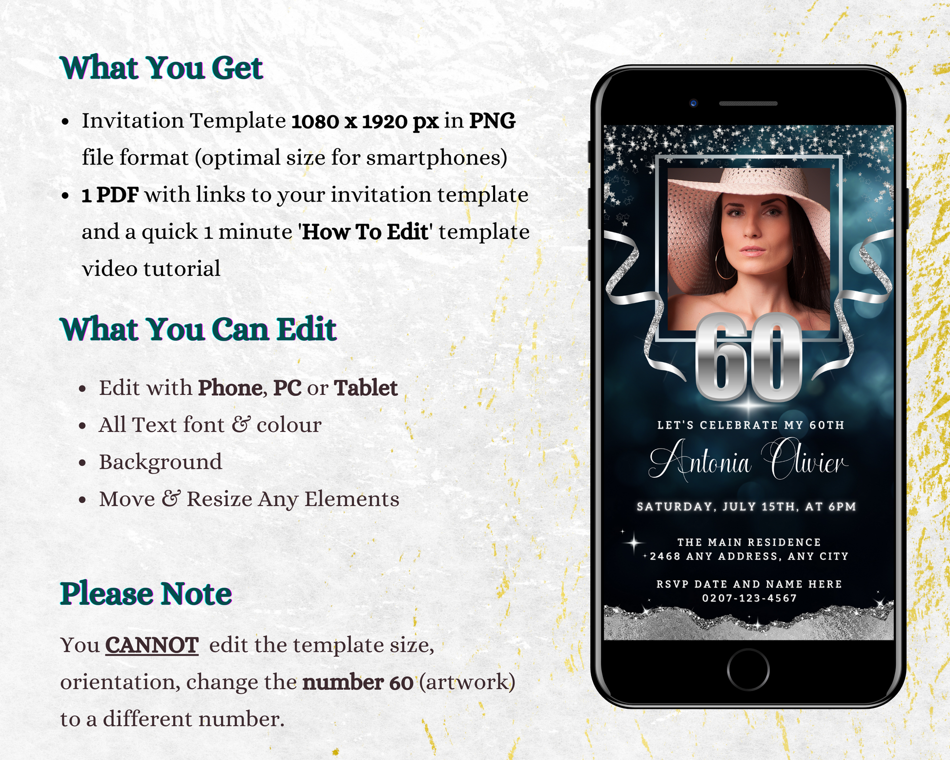 Navy Silver Glitter 60th Birthday Evite template displayed on a smartphone screen with a woman's photo. Customizable via Canva for easy sharing.