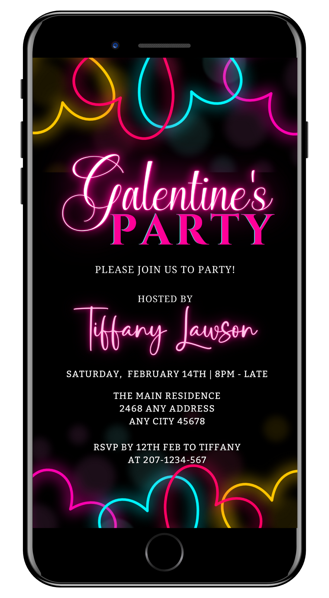 Pink Neon Colourful Border Galantines Party Evite with editable text and graphics on a black background, designed for easy customization via Canva on any device.