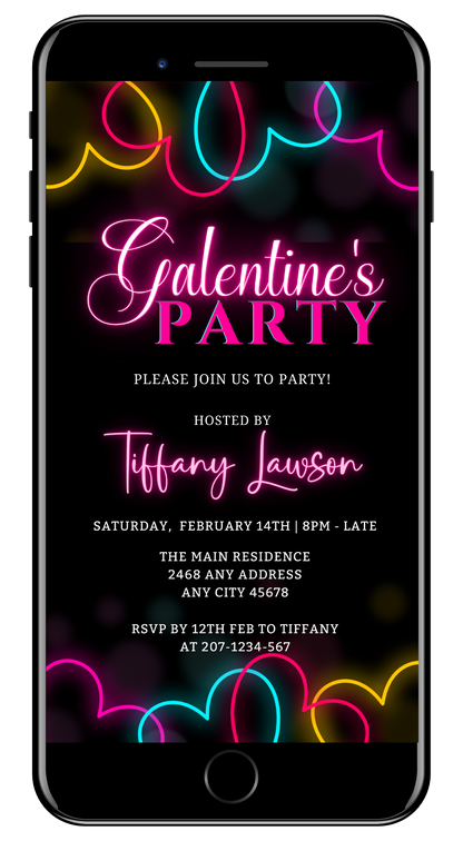 Pink Neon Colourful Border Galantines Party Evite with editable text and graphics on a black background, designed for easy customization via Canva on any device.