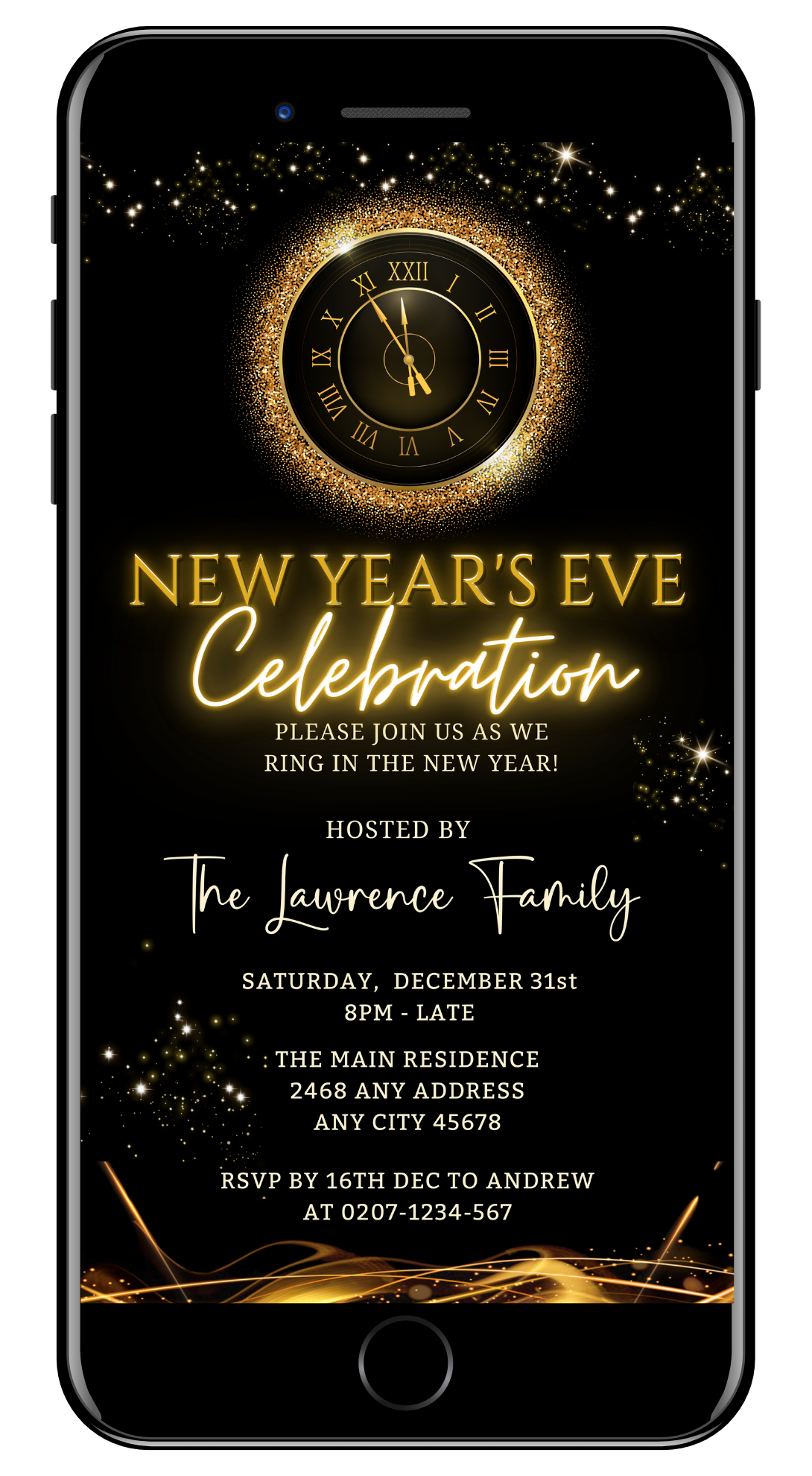 Phone screen displaying a Gold Glitter Clock Celebration Neon | New Years Eve Party Evite with editable text for a customizable digital invitation.